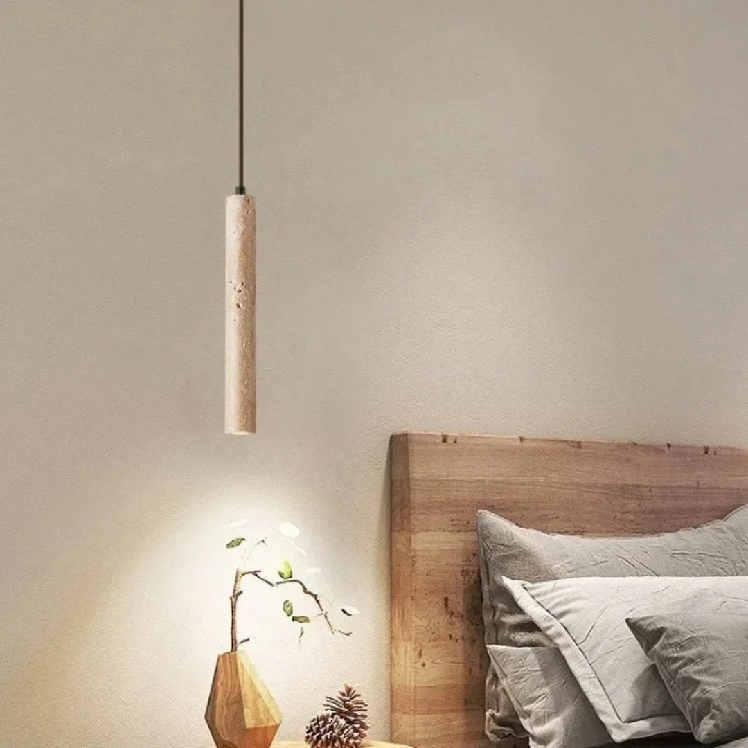 Minimalist travertine Wabi-Sabi LED chandelier, a modern ceiling fixture for stylish home decor.