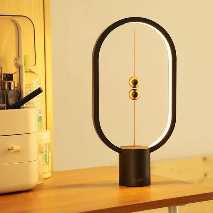 Ambient LED nightstand lamp, modern balance design, and easy-to-use floating magnetic switch.
