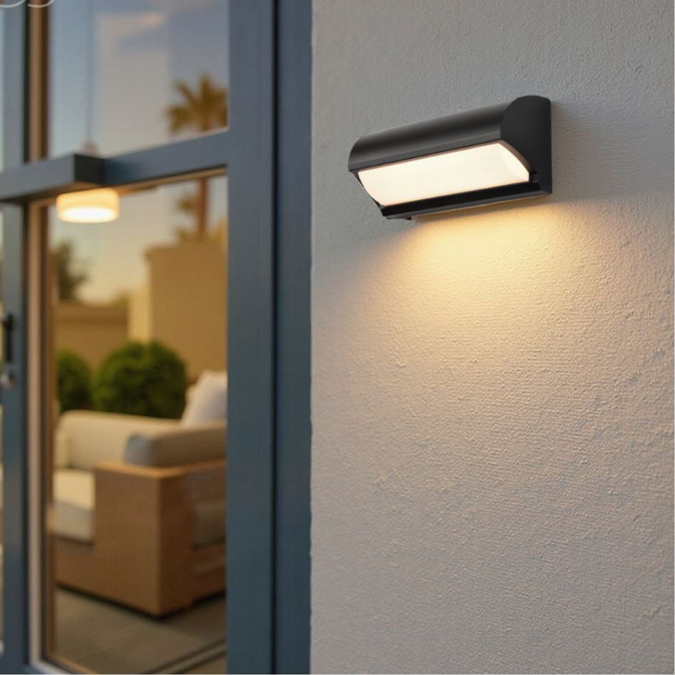 Weatherproof black LED wall light, energy-efficient for modern outdoor garden & patio.