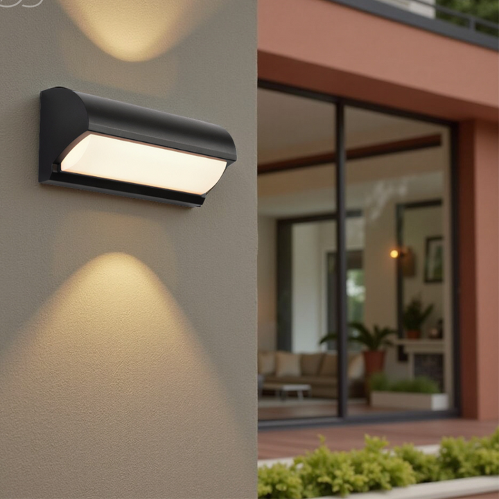 Sleek modern black LED garden light. Weatherproof exterior lamp for patio & entryway.