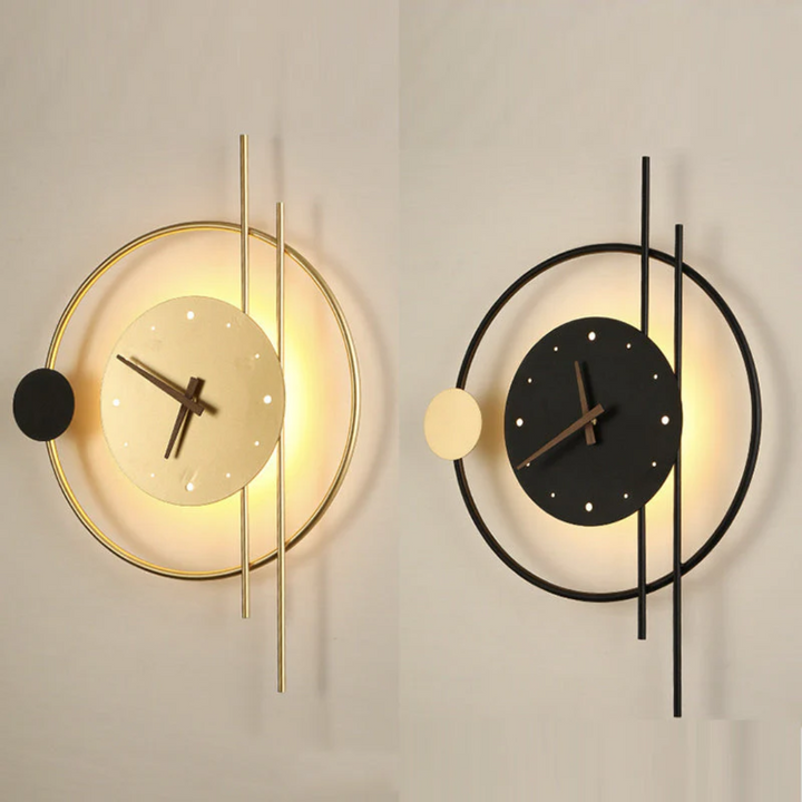 Modern LED wall clock lamp, elegant living room decor. Dual function, stylish lighting.