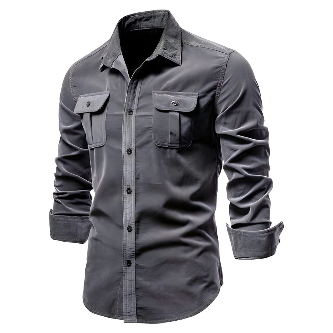 Blue men's modern button-down shirt, long sleeve, offering effortless style for smart casual outfits.