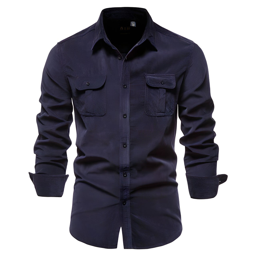 White men's modern button-down shirt, long sleeve, elegant and comfortable for versatile smart casual wear.