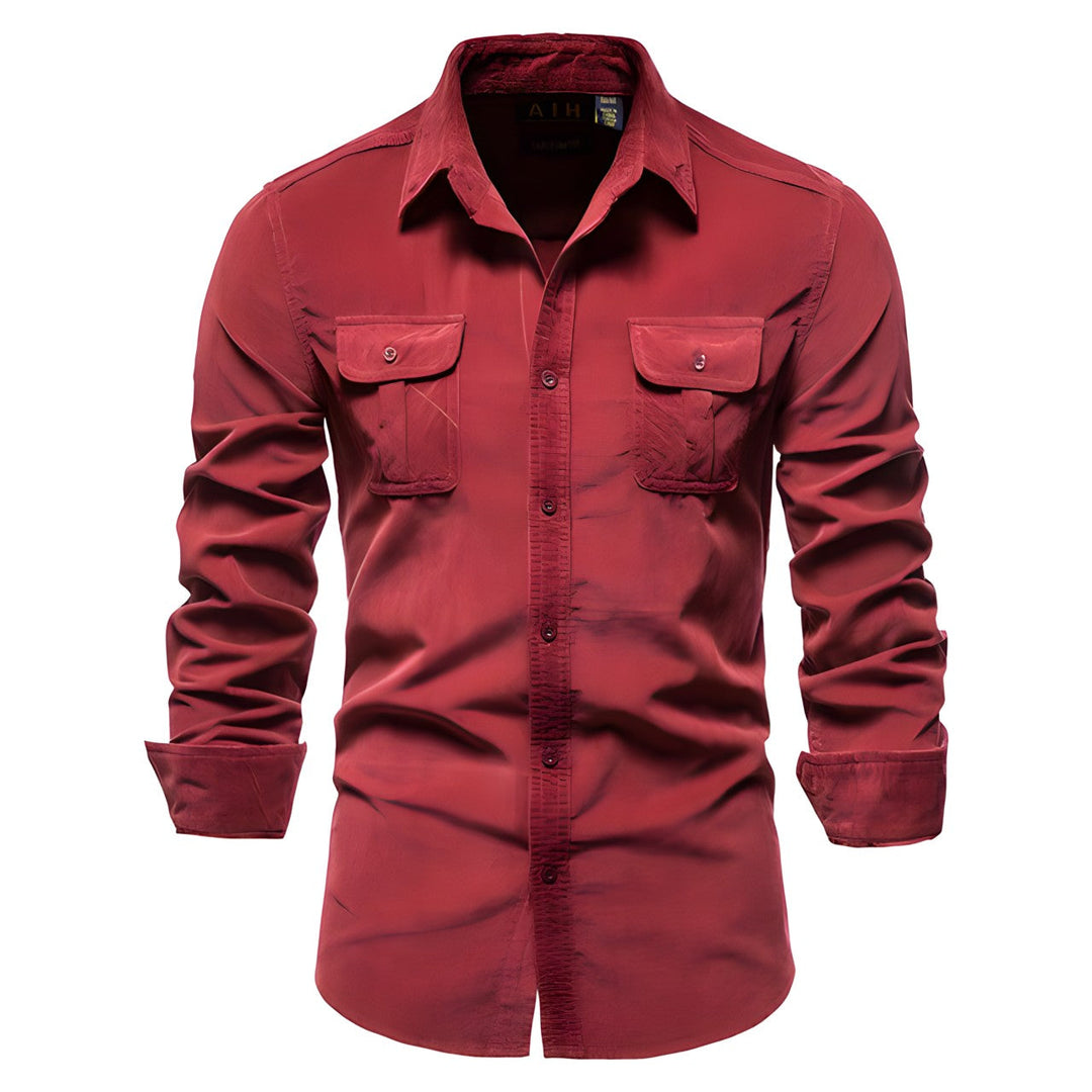 Aiden men's modern button-down shirt in grey, long sleeve, a key piece for smart casual men's fashion.