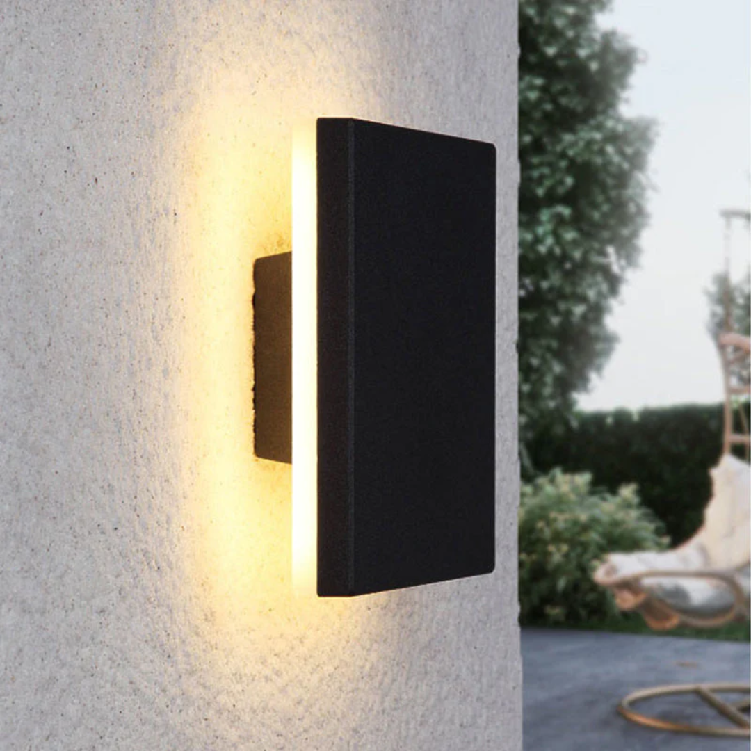 Side view of Zenith modern LED wall light, slim profile for minimalist outdoor spaces.
