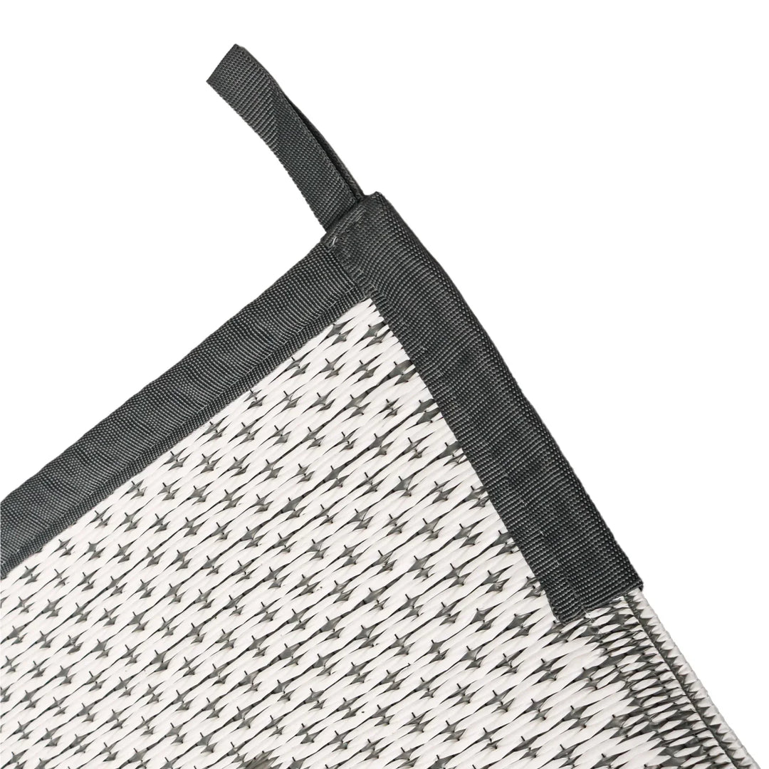Easy-clean & portable rectangular outdoor mat in modern grey white geometric style. Perfect for patio, deck, and outdoor decor.