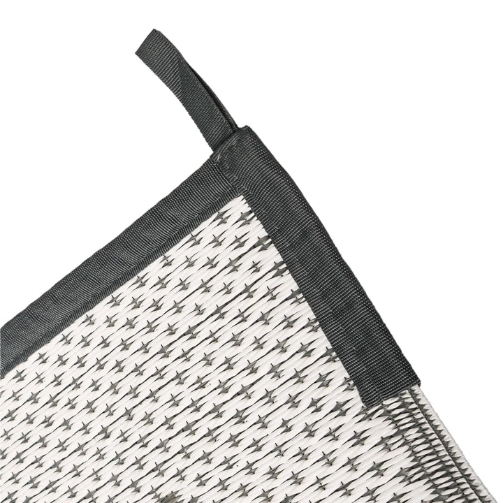 Easy-clean & portable rectangular outdoor mat in modern grey white geometric style. Perfect for patio, deck, and outdoor decor.