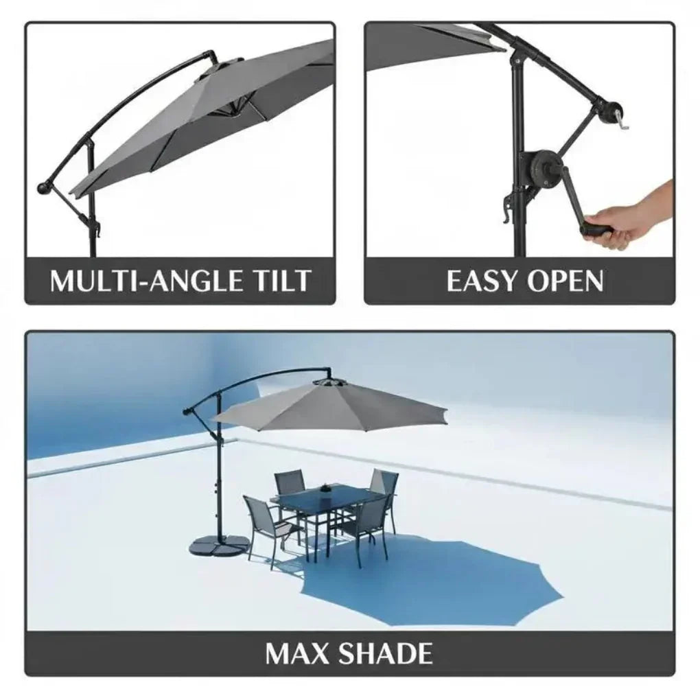 Large patio umbrella providing backyard sun protection for garden living.