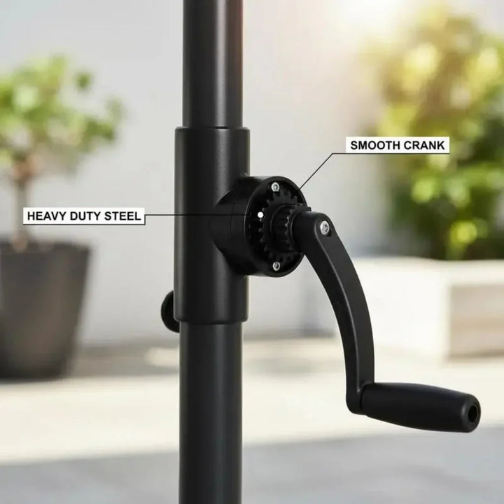 Modern outdoor black umbrella with easy-crank system, offering sun protection.
