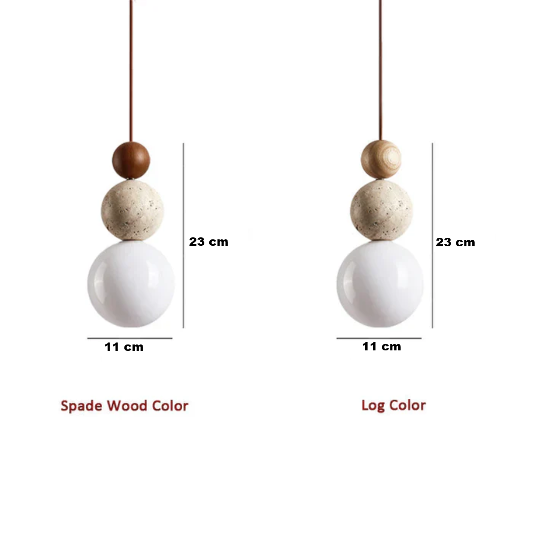 Decorative modern pendant light with natural travertine and mahogany. Ideal for stylish indoor lighting.