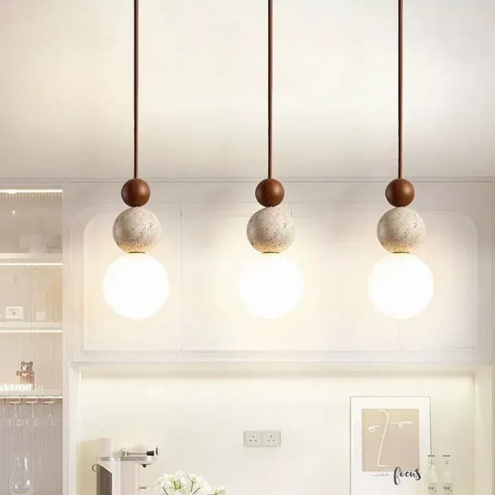 Elegant NaturaLuxe pendant lamp, modern design, combining natural travertine & mahogany for home decor.