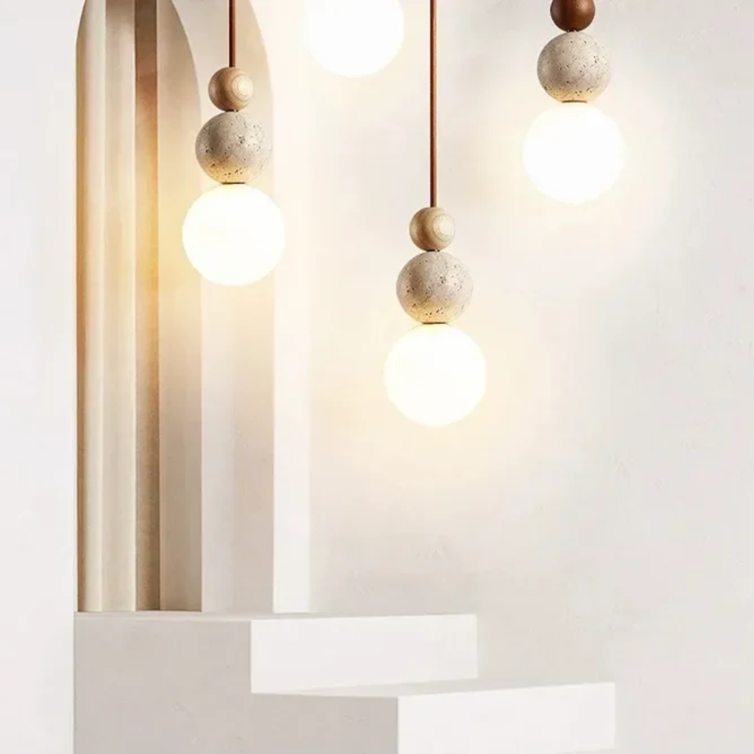 Stylish ceiling light: modern natural pendant with travertine & mahogany. Perfect for ambient home lighting.