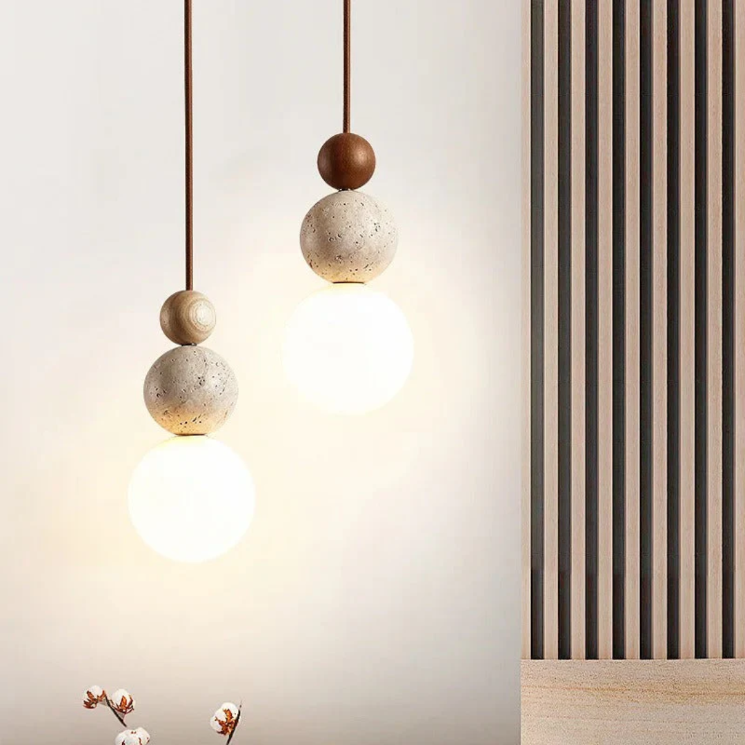 Natural style pendant light fixture, modern design, featuring real travertine & mahogany. Great for indoor decor.