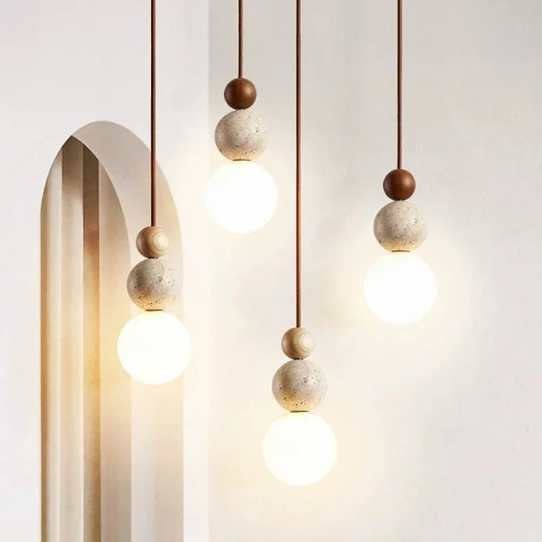 Contemporary pendant lamp, NaturaLuxe, with unique travertine & mahogany details. Enhances kitchen/dining.