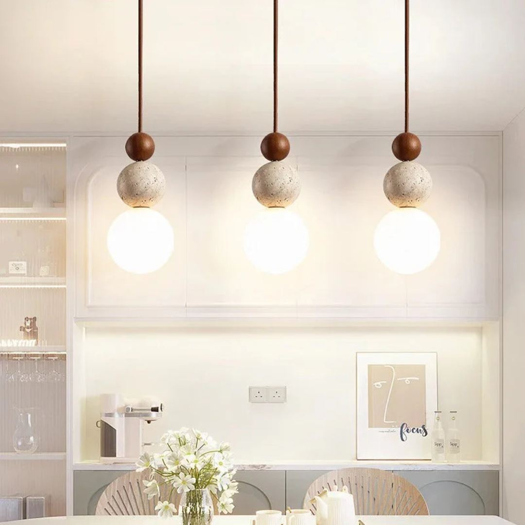 Modern Travertine & Mahogany pendant light, NaturaLuxe. Adds elegant, natural style to any living space.