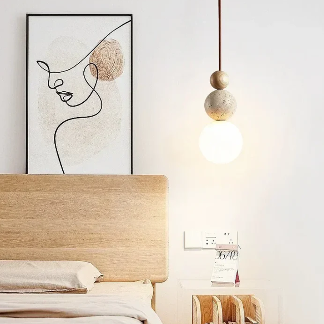 Sleek modern pendant light, natural style, crafted from travertine & mahogany for chic home decor.