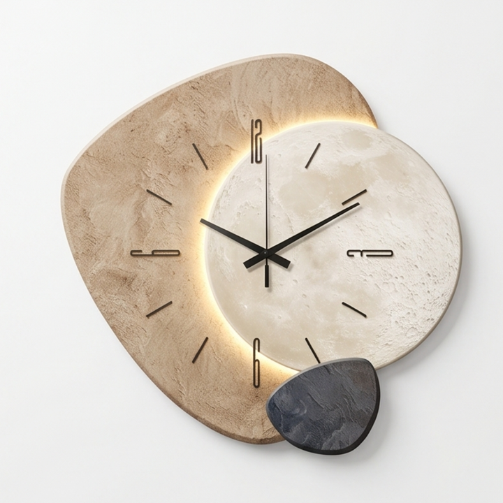 Enchanting moon phase wall clock with warm LED backlight, perfect for celestial home decor.