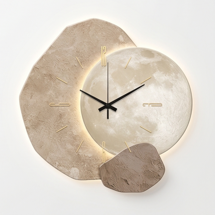 Unique moon phase wall clock, silent & backlit, ideal for bedroom or living room decor.