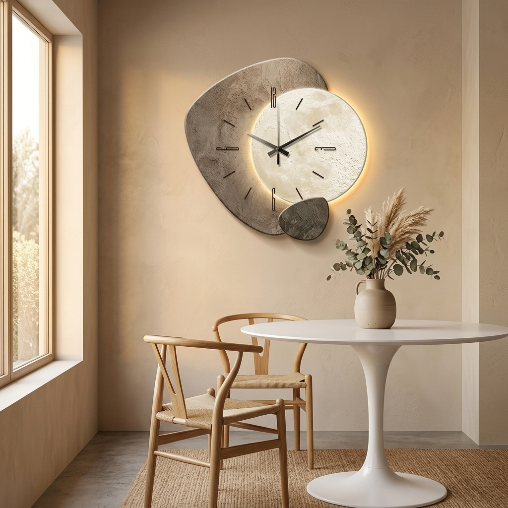 Functional & stylish moon phase wall clock. Backlit, silent, perfect for modern celestial decor.