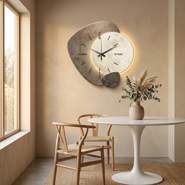 Functional & stylish moon phase wall clock. Backlit, silent, perfect for modern celestial decor.