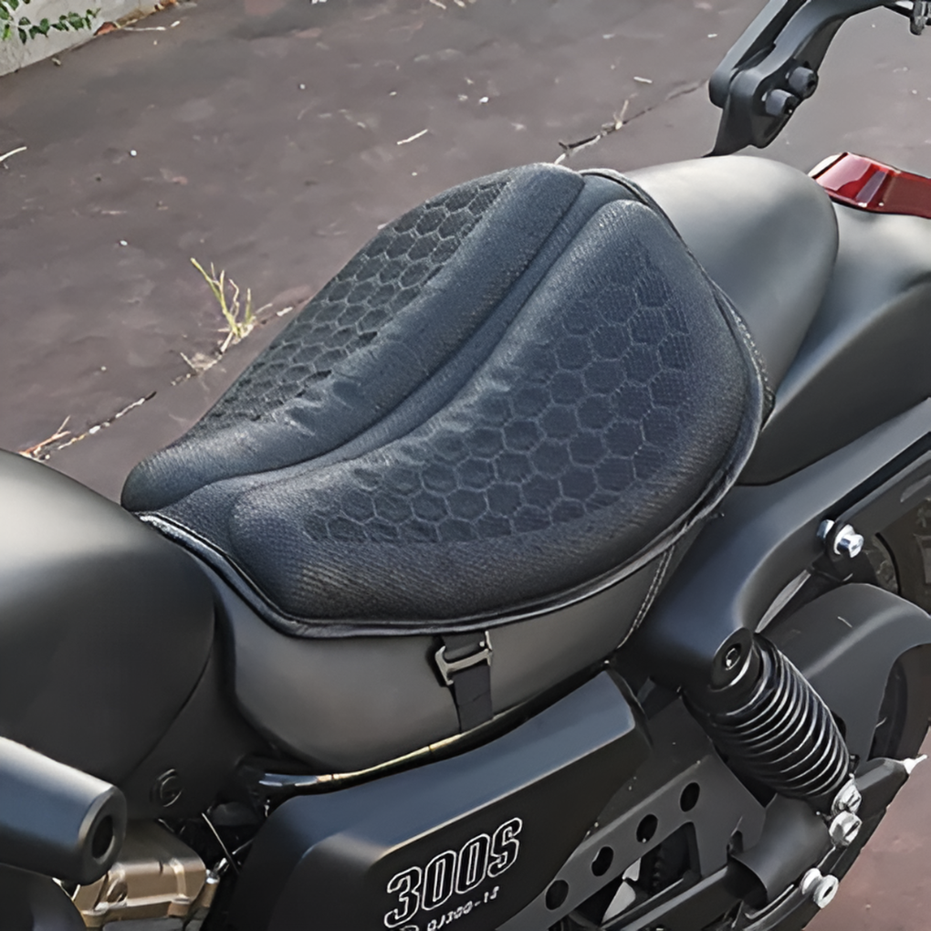 Breathable motorcycle gel seat pad designed for touring & long rides, ensuring superior comfort & pressure relief.
