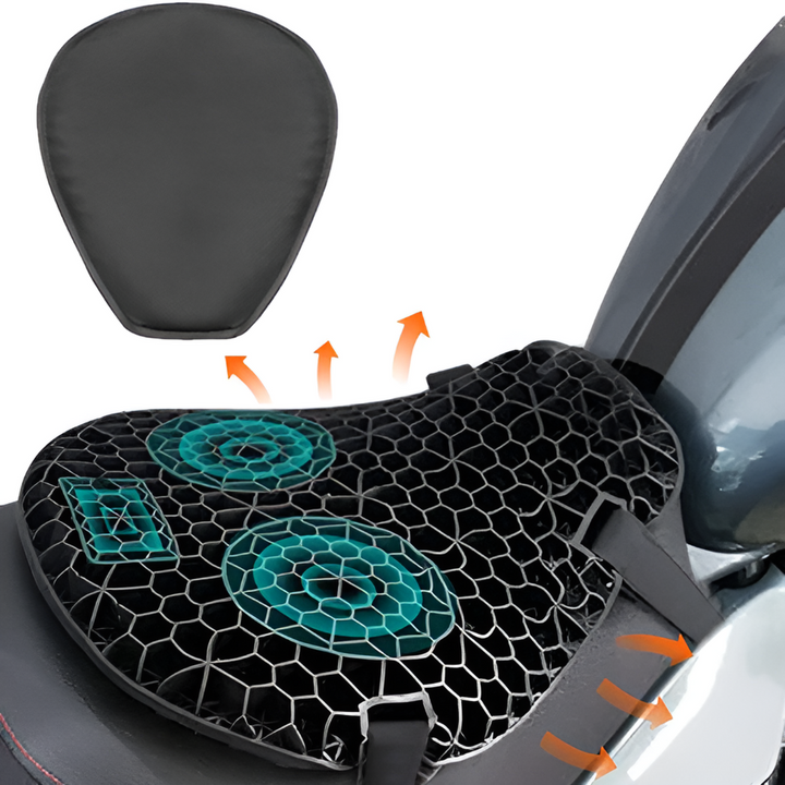 Universal fit motorcycle gel seat pad accessory for enhanced ride comfort, pressure relief & non-slip stability.