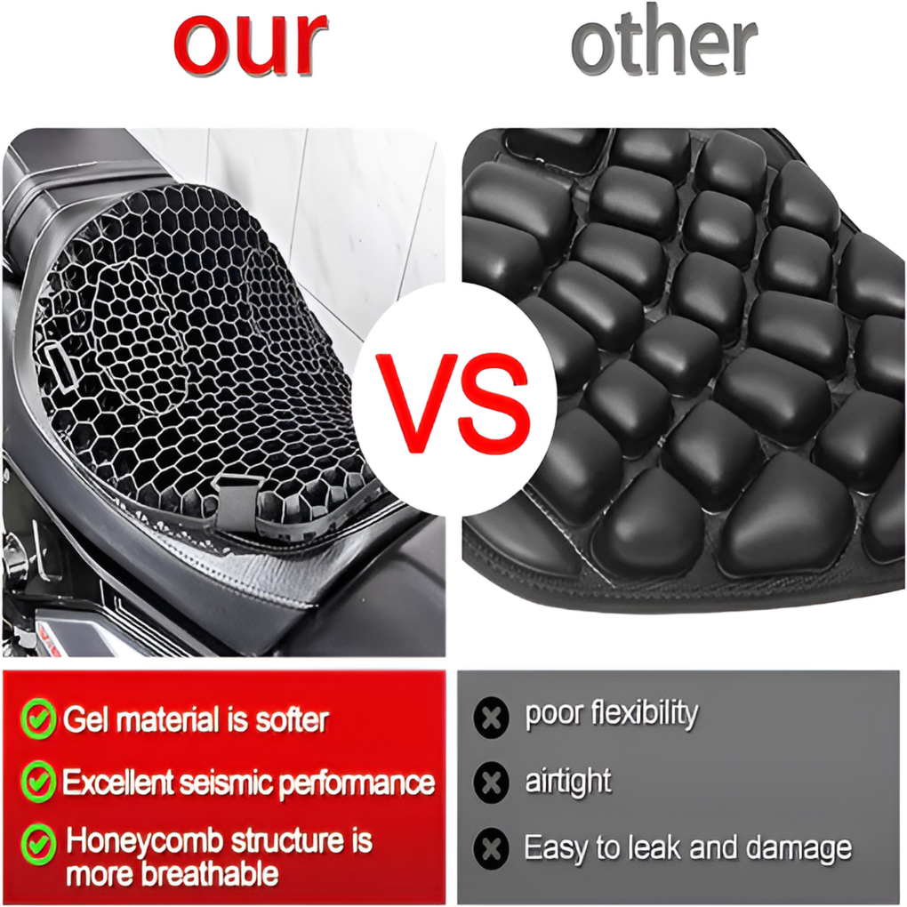 Touring motorcycle gel seat pad for long distance comfort. Reduces pressure points & improves breathability.
