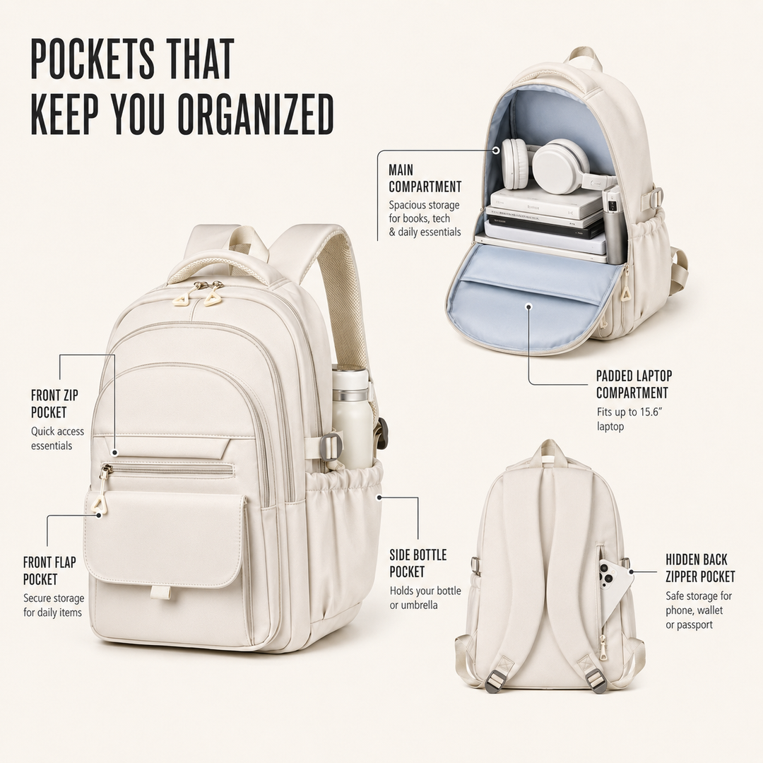 Unisex daily use water-resistant backpack. Multi-layer organized daypack for school, work, travel, and commuting.
