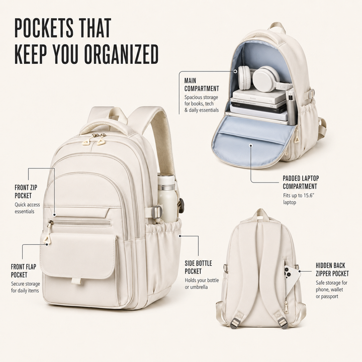 Unisex daily use water-resistant backpack. Multi-layer organized daypack for school, work, travel, and commuting.