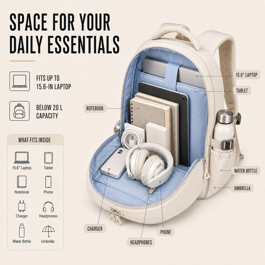 Organized multi-layer unisex backpack. Water-resistant commuter daypack ideal for school, work, travel, and daily use.