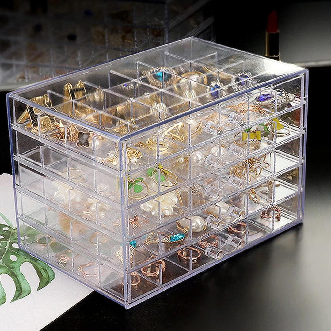 Elegant clear acrylic multilayer jewelry storage solution for vanity decor.