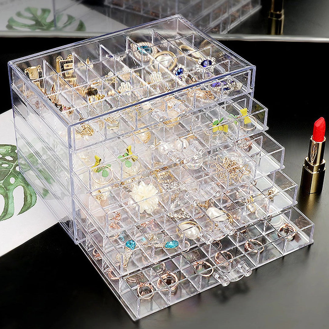Transparent acrylic multilayer organizer for visible & protected accessory storage.