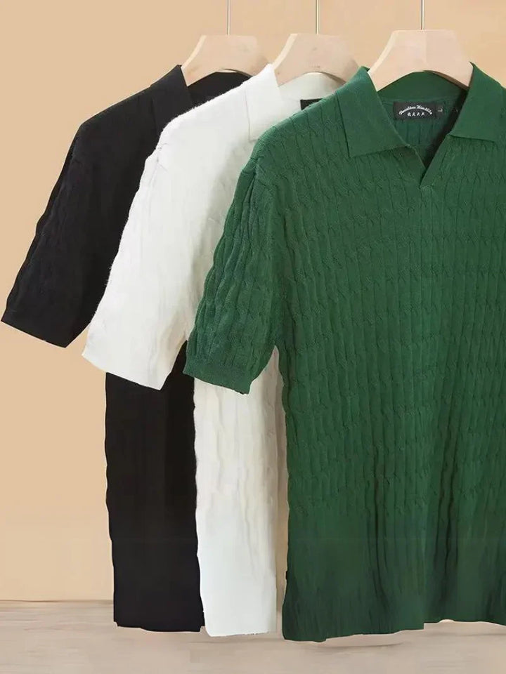 Comfortable men's muscle fit knit polo, soft fabric for daily wear & style.