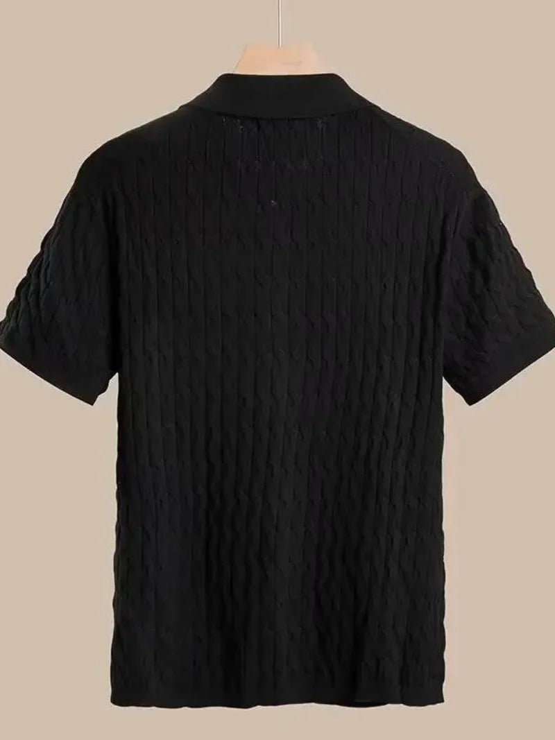 Man wearing a stylish muscle fit polo shirt, looking confident & comfortable.