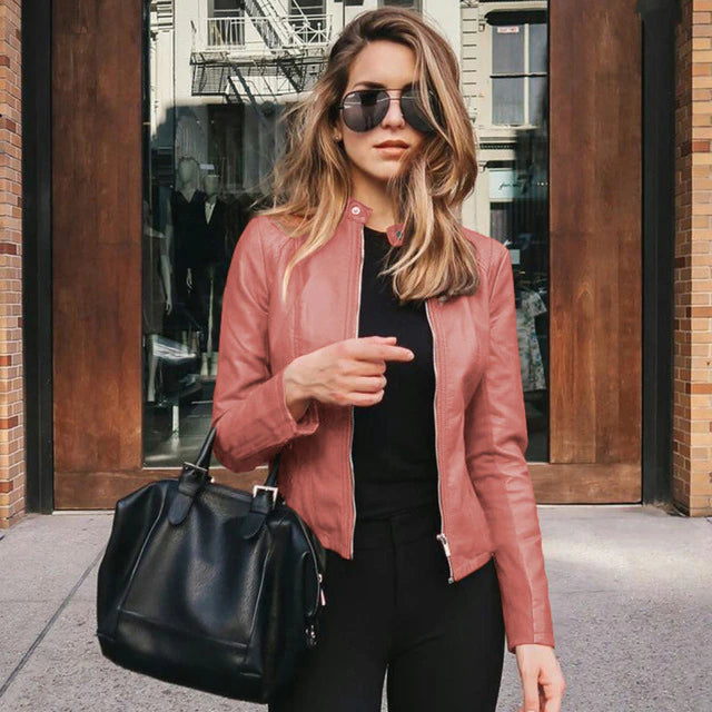 Chic Naomi leather jacket for women, perfect for elegant formal wear or a stylish casual look. Versatile fashion.