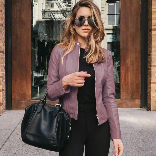 Naomi elegant black leather jacket, a stylish statement piece for women. Perfect versatile outerwear for spring/fall.