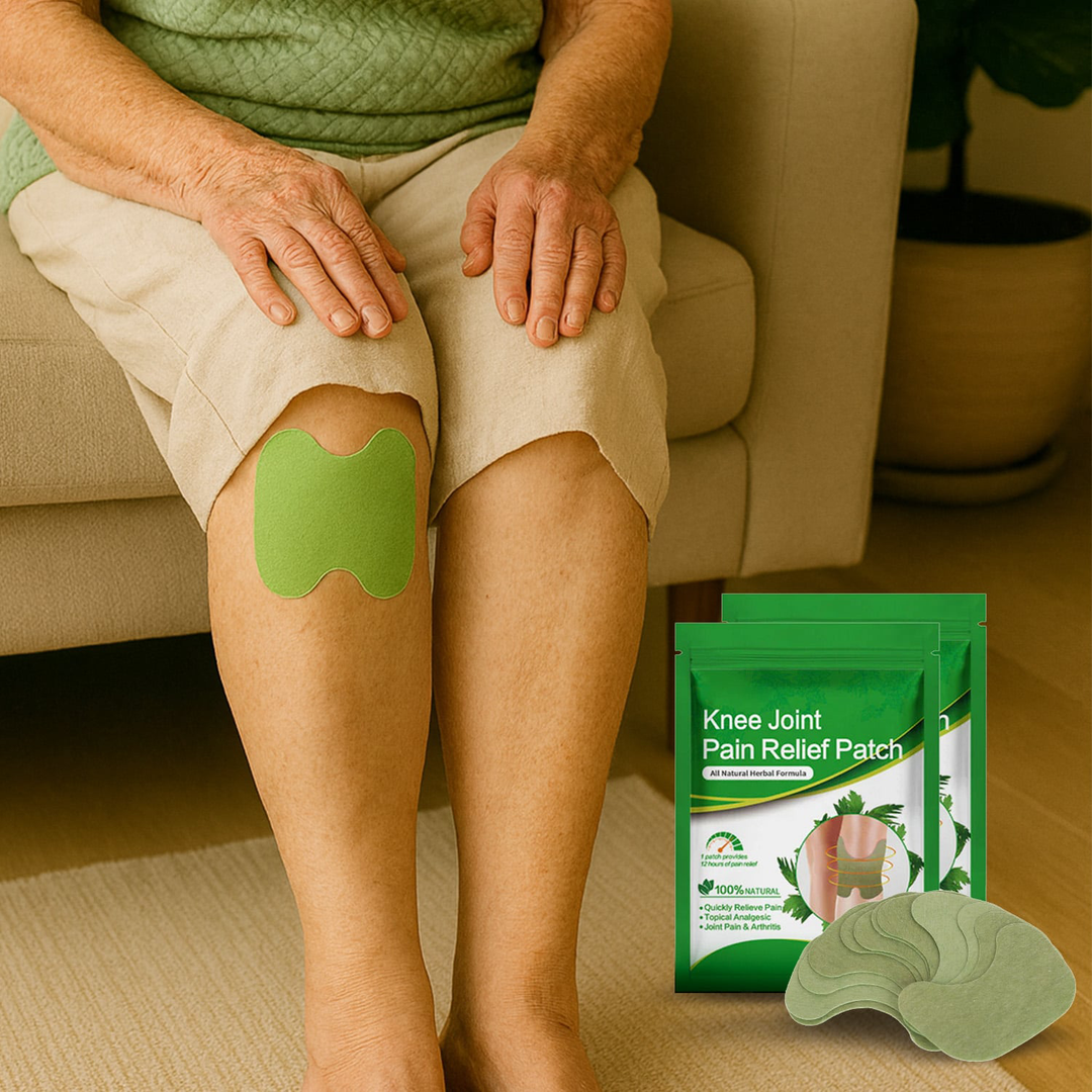 Natural herbal knee patch: topical, pain relief, joint support, for active comfort.