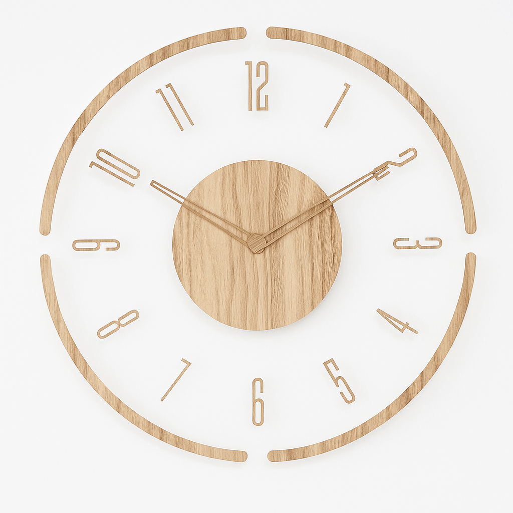 Scandinavian natural wood wall clock, silent mechanism. Modern minimalist decor for stylish living rooms & offices.