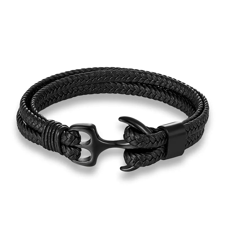 Braided leather men's bracelet with a prominent stainless steel anchor clasp.