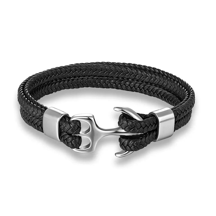 Stylish men's leather anchor bracelet, perfect for a rugged nautical look.