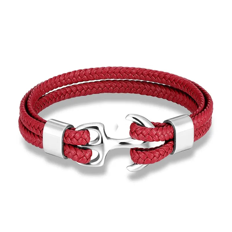 Men's anchor leather bracelet worn on a wrist, showcasing its rugged and stylish appeal.