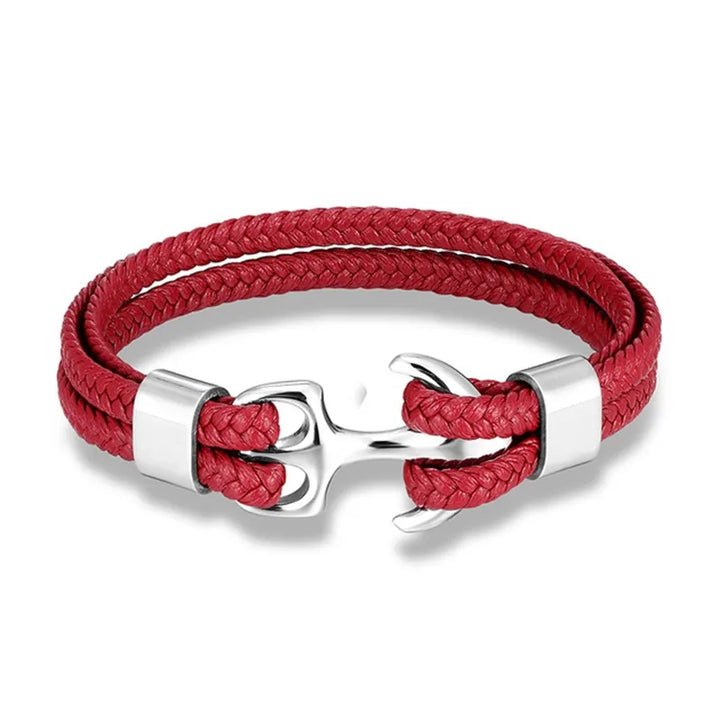 Men's anchor leather bracelet worn on a wrist, showcasing its rugged and stylish appeal.