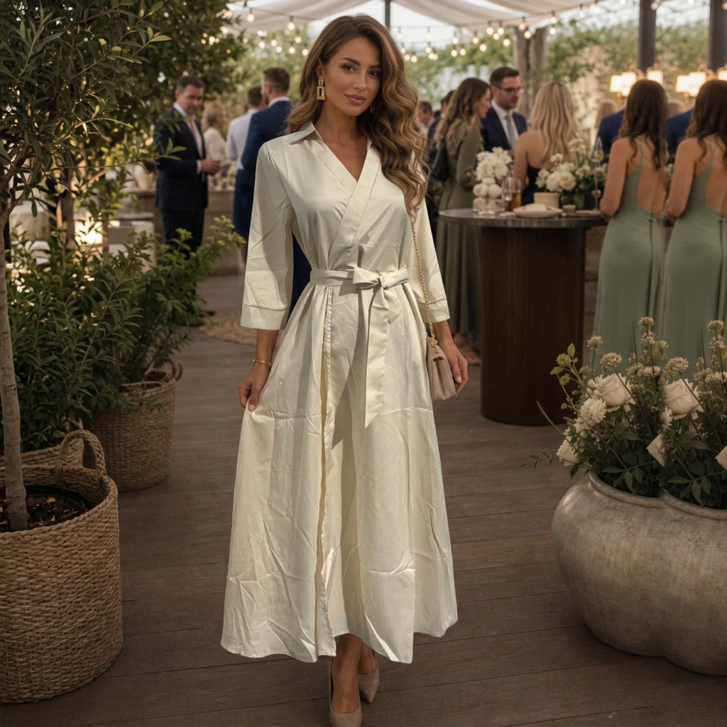 Women's Navara beige collared wrap midi dress with 3/4 sleeves & tie waist, perfect for versatile fashion.