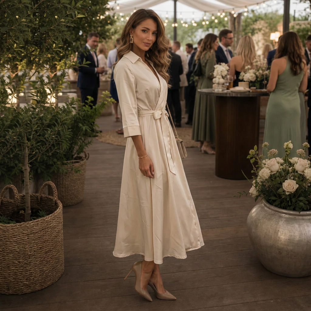 Elegant women's Navara collared wrap midi dress. A versatile beige dress for casual, formal, or daytime wear.