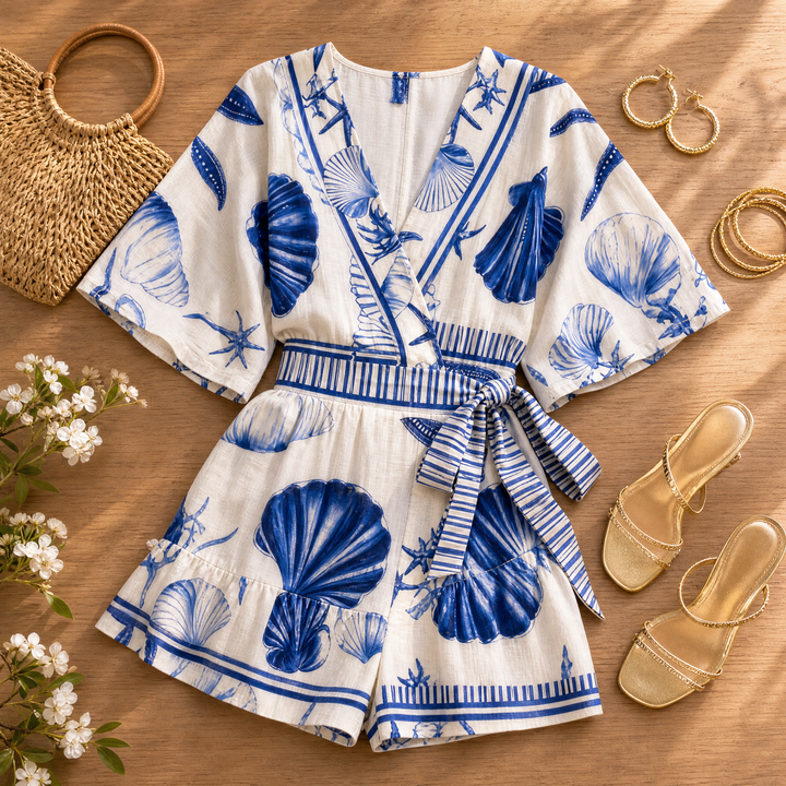 Elegant coastal shell print on a women's wrap romper. Great for beachwear & summer vacation style.