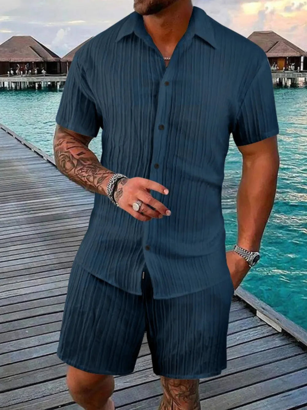Men's matching shirt and shorts set, a versatile casual outfit for summer, beach, or comfortable loungewear.