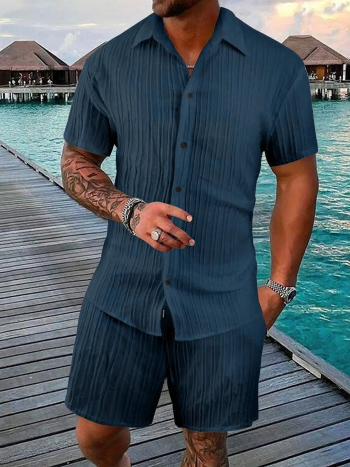 Men's matching shirt and shorts set, a versatile casual outfit for summer, beach, or comfortable loungewear.