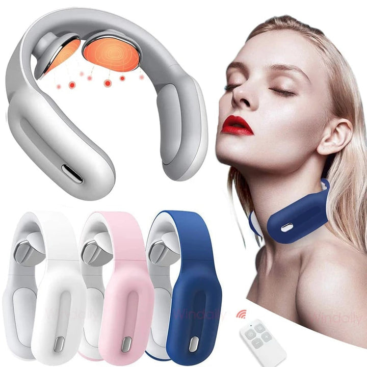 Unisex wireless neck massager with heat therapy for muscle relief.