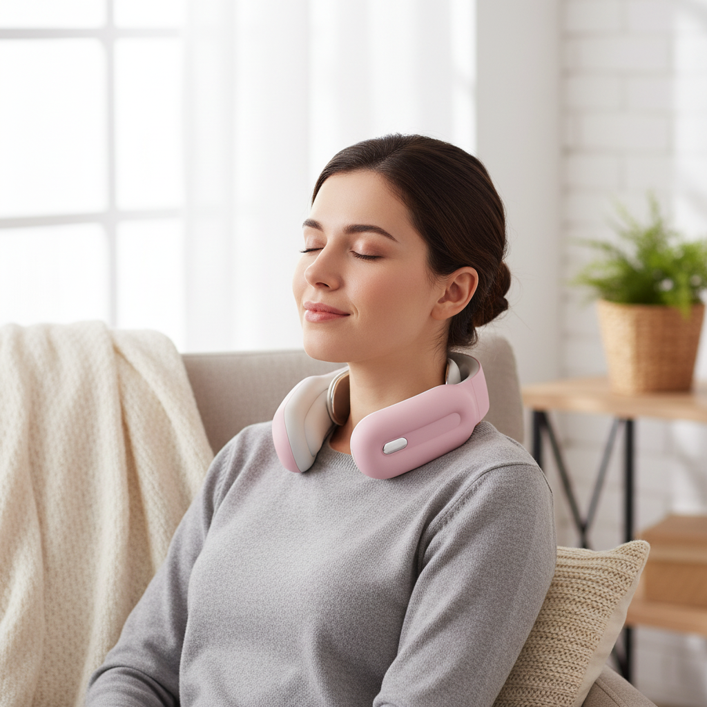 Portable wireless neck massager, rechargeable, for on-the-go muscle and tension relief.