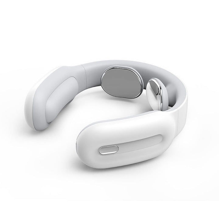 Rechargeable wireless neck massager with heat therapy and electric pulse for muscle & tension relief.